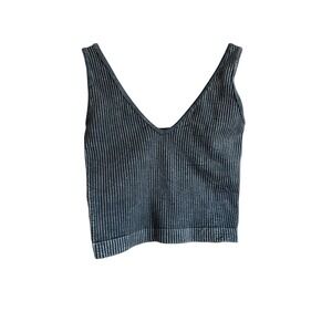 RIR Ribbed V Neck Tank Top Women‎ S M Charcoal Grey Seamless Cropped